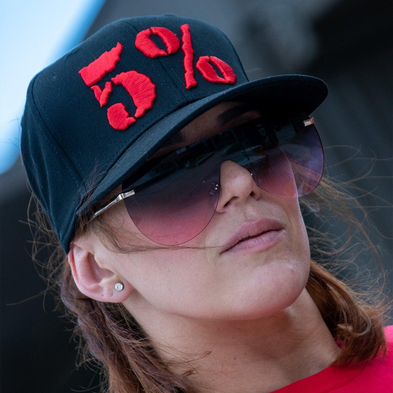 5% Flat Bill Hat, Black Hat with Red Lettering