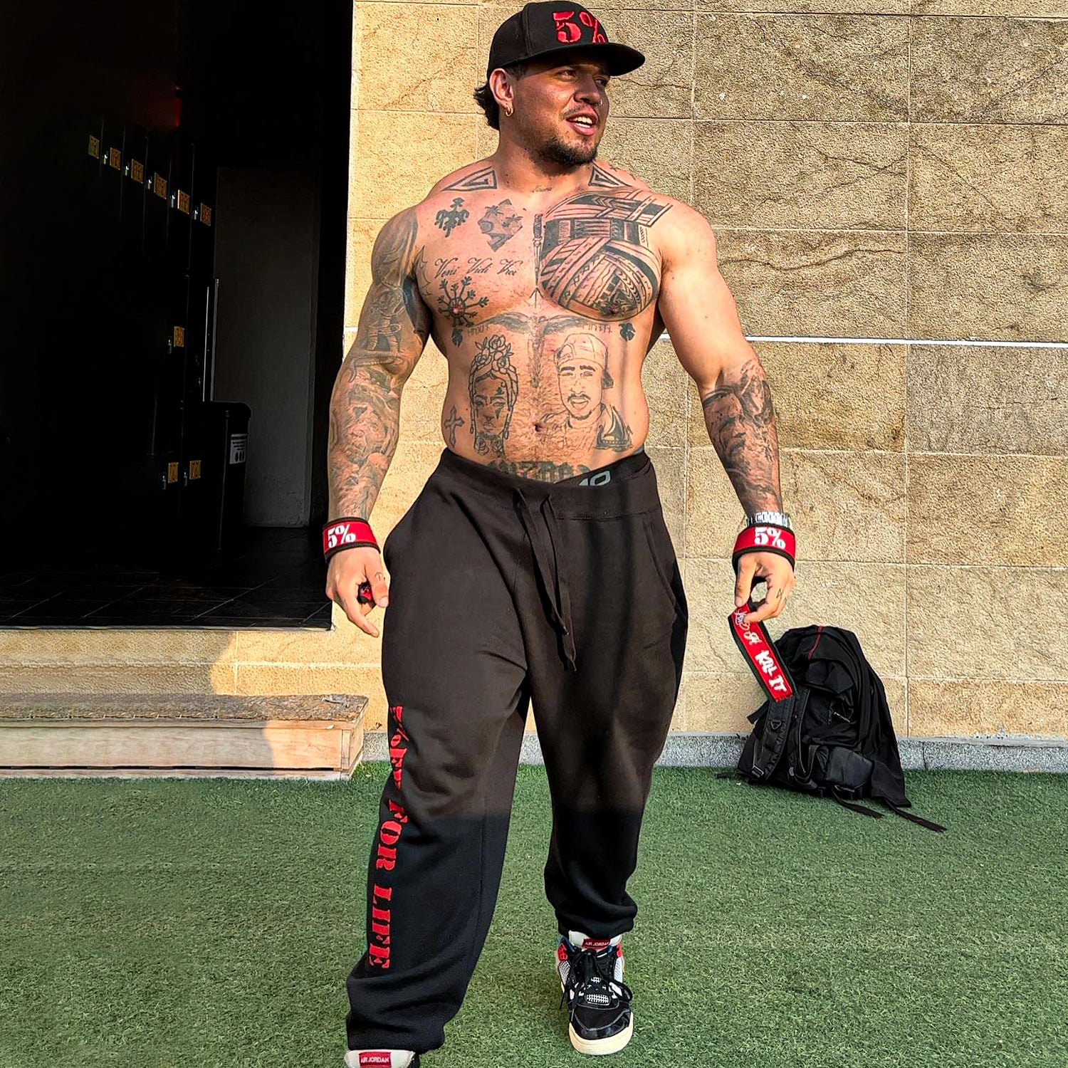 5%ER FOR LIFE, Black Joggers with Red Lettering