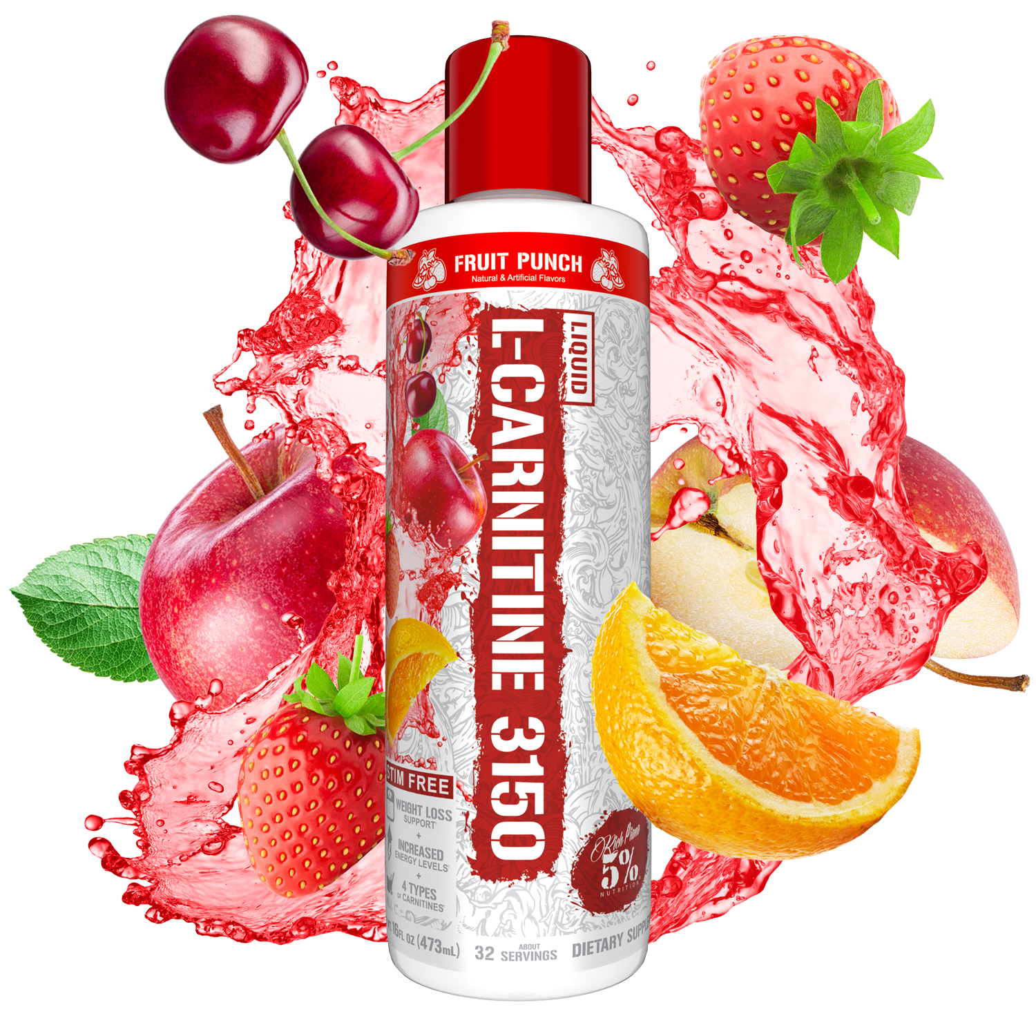 L-Carnitine 3150 supplement bottle in Fruit Punch flavor surrounded by flavor splash on transparent background

