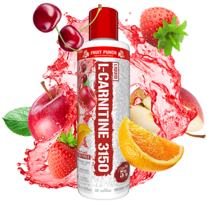 L-Carnitine 3150 supplement bottle in Fruit Punch flavor surrounded by flavor splash on transparent background

