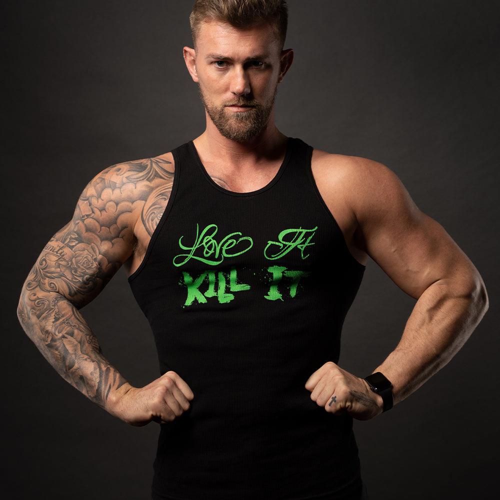 5% Love It Kill It, Black Ribbed Tank Top with Green Lettering - 5% Nutrition