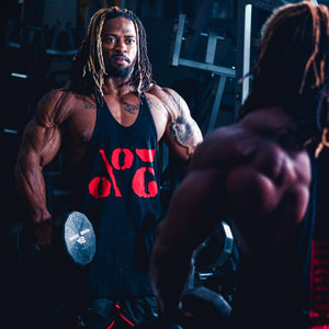 5%, Black Stringer Tank with Red Lettering - 5% Nutrition