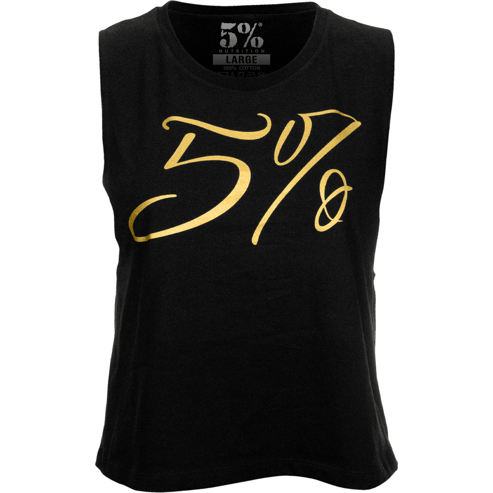 5%, Women's Cropped Black Tank with Gold Lettering - 5% Nutrition