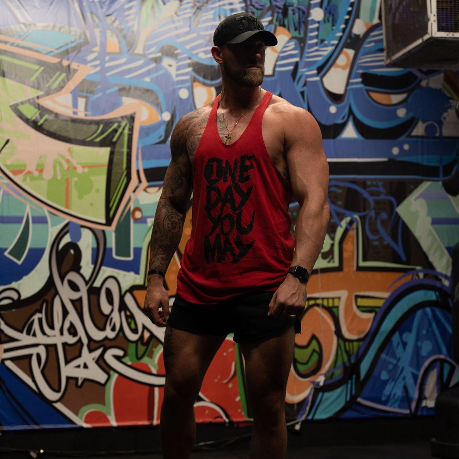 One Day You May, Red Stringer Tank with Black Lettering - 5% Nutrition
